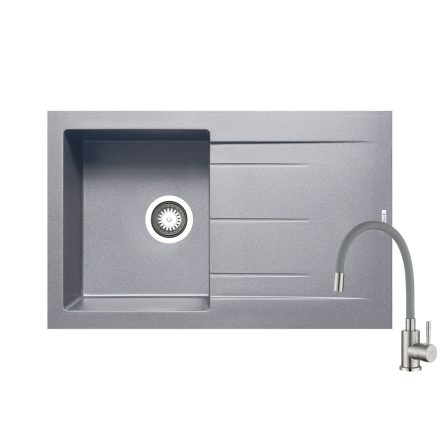 Pyramis Alazia industrial grey gránit mosogatótálca + SAP4-F090GY rozsdamentes acél csaptelep szürke flexibilis kifolyócsővel