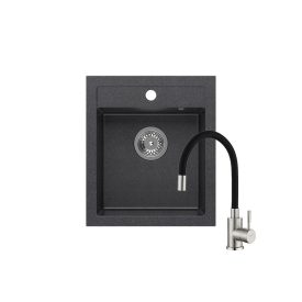   Quadron JOHNNY 100 black diamond gránit mosogatótálca + SAP4-F090KB rozsdamentes acél csaptelep fekete flexibilis kifolyócsővel