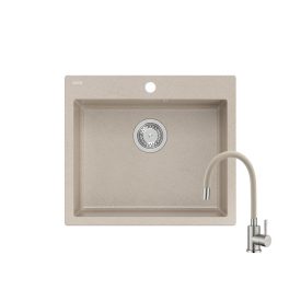   Quadron MORGAN 110 river sand gránit mosogatótálca + SAP4-F090KS rozsdamentes acél csaptelep bézs flexibilis kifolyócsővel