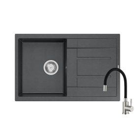   Quadron MORGAN 111 black diamond gránit mosogatótálca + SAP4-F090KB rozsdamentes acél csaptelep fekete flexibilis kifolyócsővel