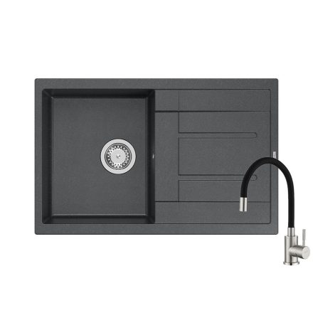 Quadron MORGAN 111 black diamond gránit mosogatótálca + SAP4-F090KB rozsdamentes acél csaptelep fekete flexibilis kifolyócsővel