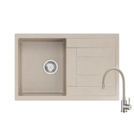 Quadron MORGAN 111 river sand gránit mosogatótálca + SAP4-F090KS rozsdamentes acél csaptelep bézs flexibilis kifolyócsővel