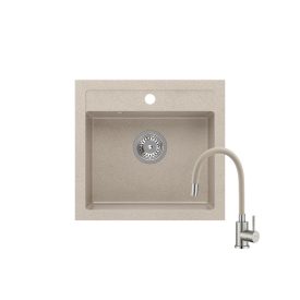   Quadron JOHNNY 110 river sand gránit mosogatótálca +SAP4-F090KS rozsdamentes acél csaptelep bézs flexibilis kifolyócsővel