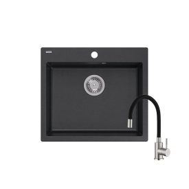   Quadron MORGAN 110 black dotted gránit mosogatótálca + SAP4-F090KB rozsdamentes acél csaptelep fekete flexibilis kifolyócsővel