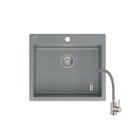   Quadron MORGAN 110 silver stone gránit mosogatótálca + SAP4-F090GY rozsdamentes acél csaptelep szürke flexibilis kifolyócsővel