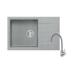   Quadron PETER 111 silver stone gránit mosogatótálca + SAP4-F090GY rozsdamentes acél csaptelep szürke flexibilis kifolyócsővel