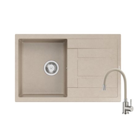 Quadron MORGAN 111 pearl beige gránit mosogatótálca + SAP4-F090KS rozsdamentes acél csaptelep bézs flexibilis kifolyócsővel
