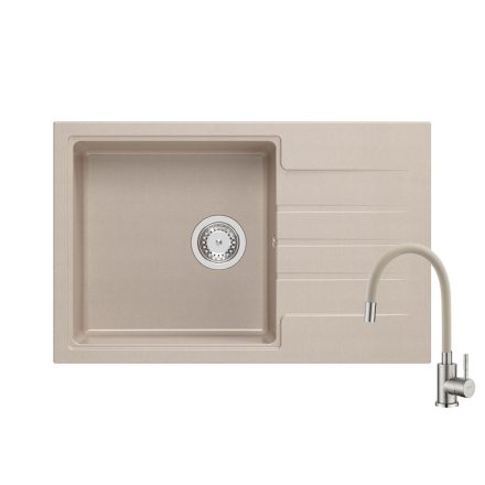 Quadron PETER 111 pearl beige gránit mosogatótálca + SAP4-F090KS rozsdamentes acél csaptelep bézs flexibilis kifolyócsővel